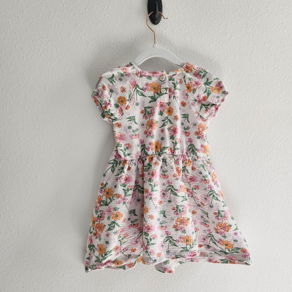 Girls Floral Cotton Dress Size 5 Pink Orange Textured Short Sleeve